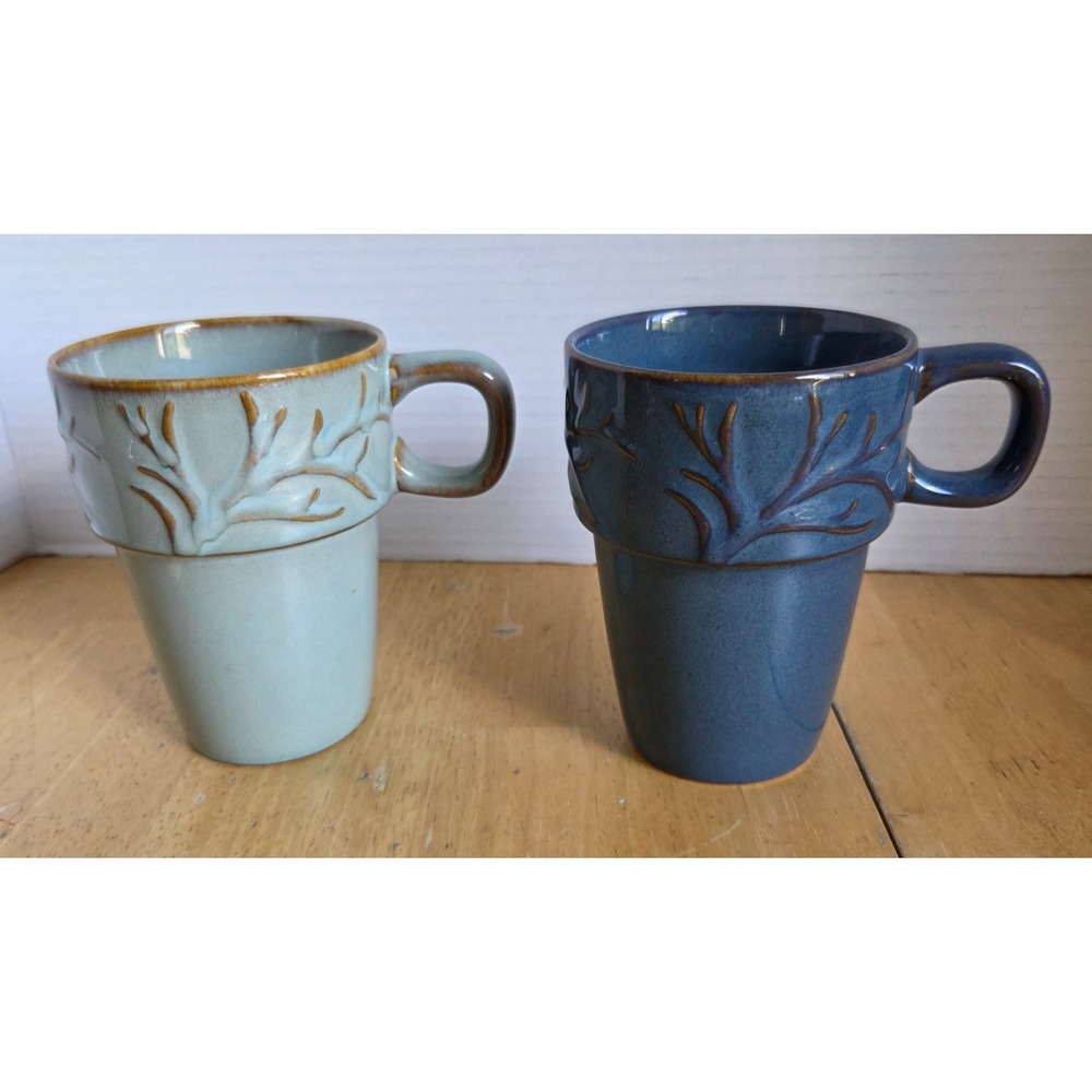 MercAsia Ceramic Nesting Mugs Set of 2 Embossed Sage Green Slate Blue Glazes